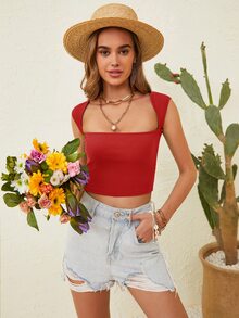 Rusttydustty Crop Top mit eckigem Ausschnitt, Rippenstrick - Rot - Übersicht 6