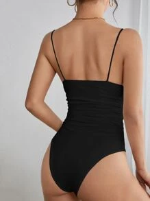 SHEIN PETITE Solid Ruched Cami Summer Women Bodysuit - Black - View 2