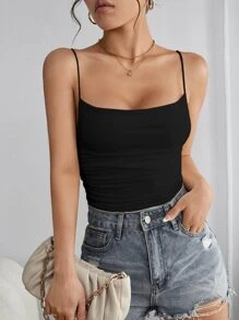 SHEIN PETITE Solid Ruched Cami Summer Women Bodysuit - Black - View 4