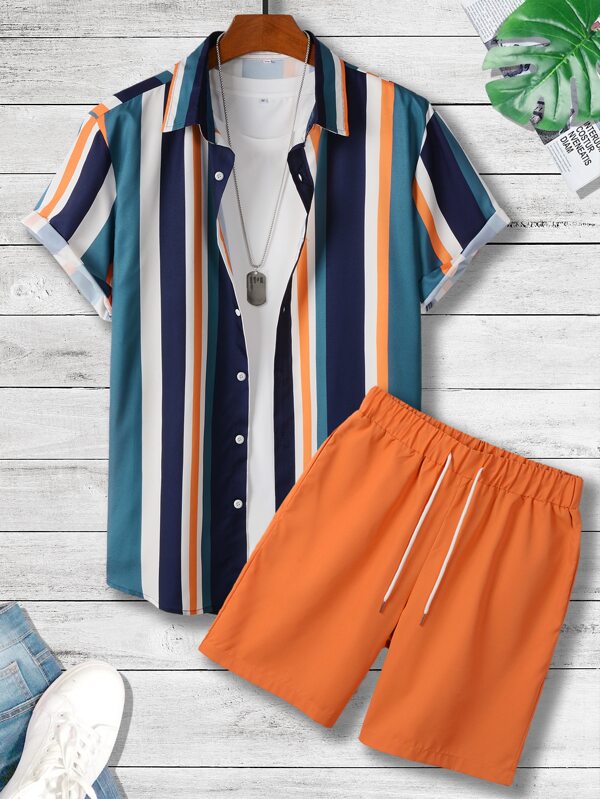 Manfinity RSRT Men Striped Shirt & Drawstring Waist Shorts Without Tee , Graphic , Vacation , Husband , Colorful , Casual