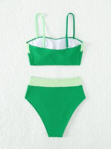Conjunto de bikini de verano en bloque de color de cintura alta para playa - Verde - Ver 4
