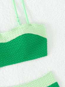 Conjunto de bikini de verano en bloque de color de cintura alta para playa - Verde - Ver 5