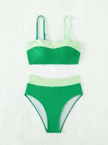 Conjunto de bikini de verano en bloque de color de cintura alta para playa - Verde - Ver 7