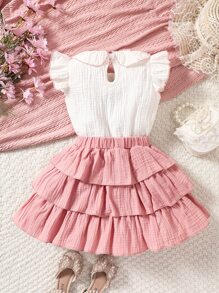 Conjunto De Duas Peças Casuais, Vintage E Doce Com Bloco De Cores Para Menina Jovem Manga Com Babados, Gola Redonda Para O Verão - Multicolorido - Ver 2