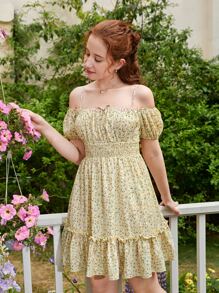 SHEIN 青少年女孩碎花挖肩荷葉邊連衣裙 - 黃色 - 查看 1