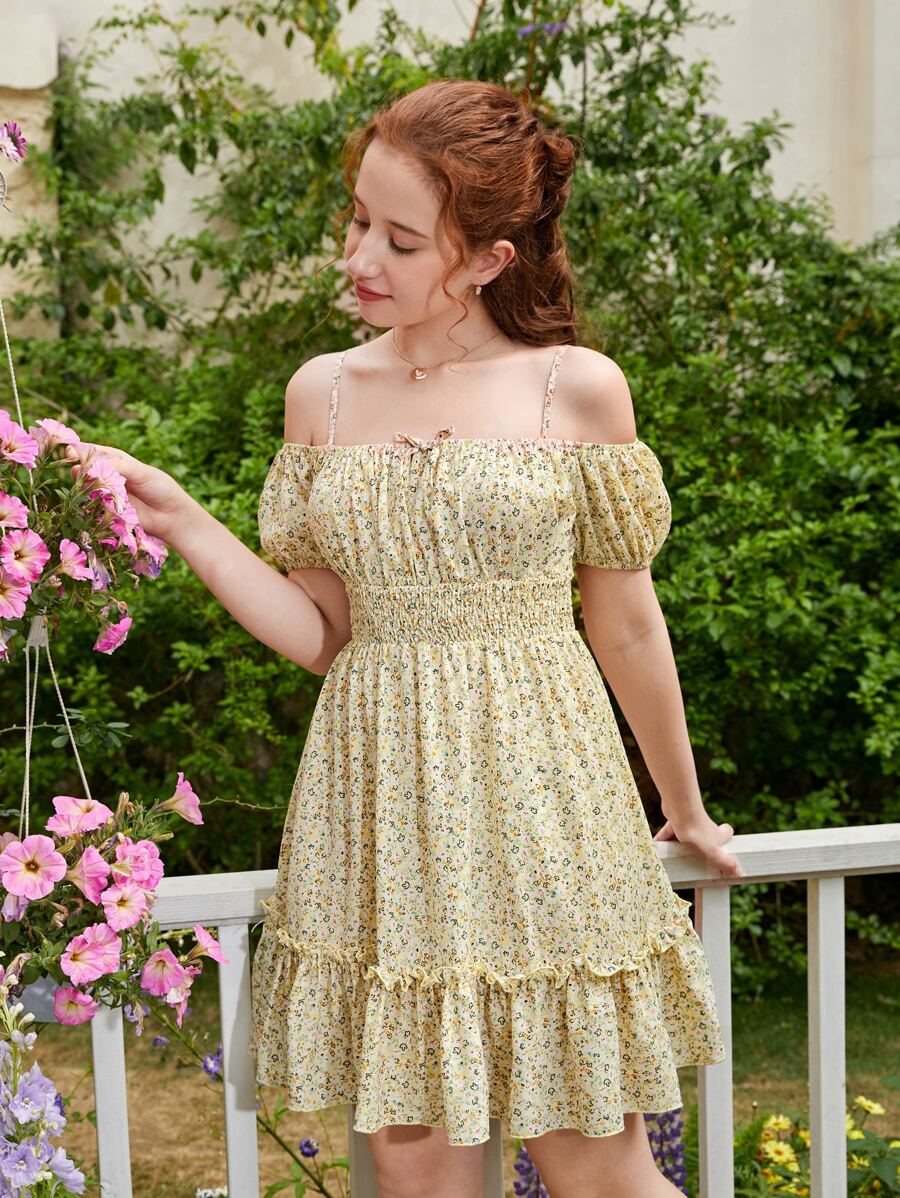 SHEIN 青少年女孩碎花挖肩荷葉邊連衣裙 - 黃色 - 查看 1