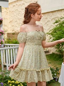 SHEIN 青少年女孩碎花挖肩荷葉邊連衣裙 - 黃色 - 查看 3