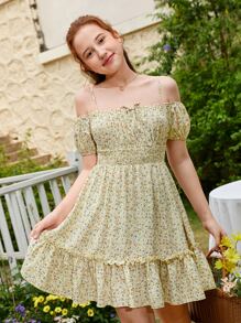 SHEIN 青少年女孩碎花挖肩荷葉邊連衣裙 - 黃色 - 查看 5