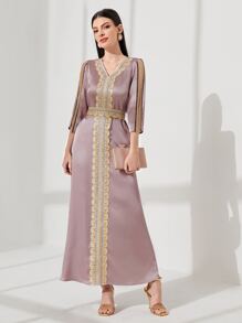 Al Najma 鏈條拼接袖貼花前繫腰帶連衣裙 - 藕粉色 - 查看 6