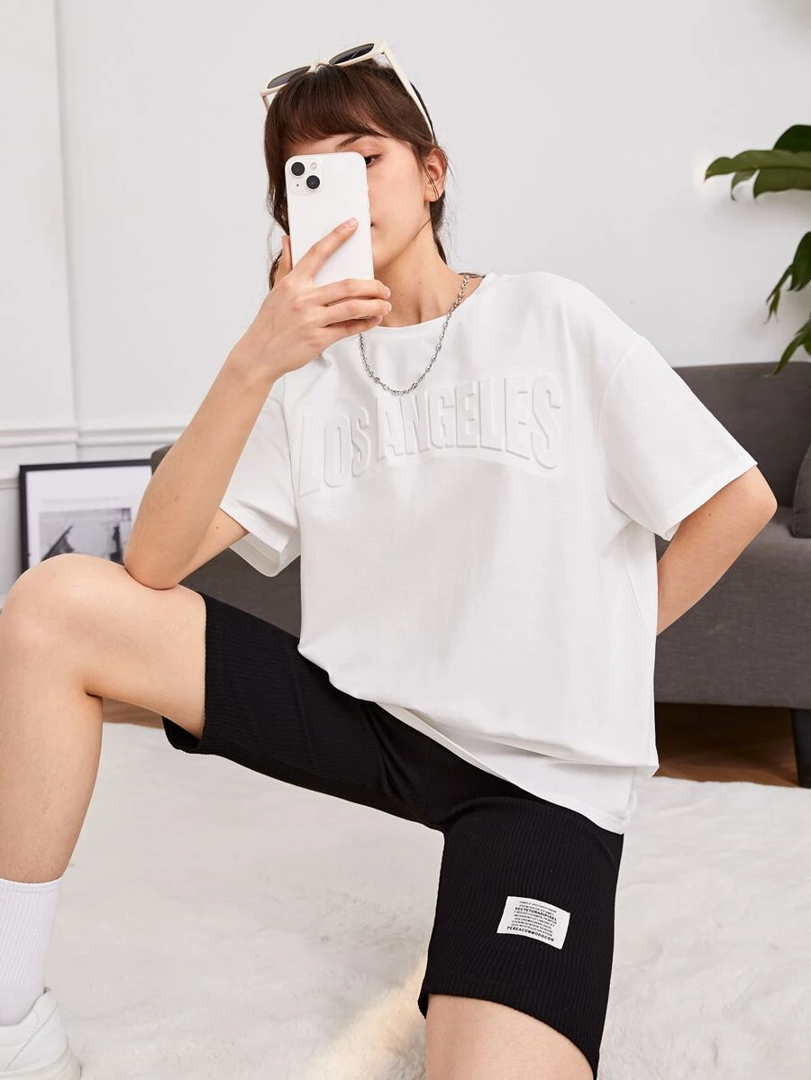 SHEIN Teen Girls Letter Graphic Drop Shoulder Tee - White - View 1