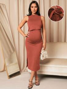 SHEIN Maternity Solid Split Side Nursing Dress - Rust Brown - View 1