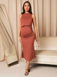 SHEIN Maternity Solid Split Side Nursing Dress - Rust Brown - View 6