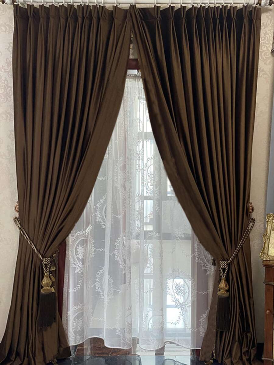1入組素色流蘇裝飾遮光索眼窗簾 - 咖啡棕 - 查看 1