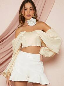 Hauture 露肩燈籠袖短款上衣 - 米色 - 查看 4