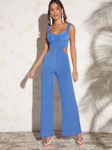 SHEIN Unity 開襠寬腿連體褲,腰間切割設計 - 藍色 - 查看 5