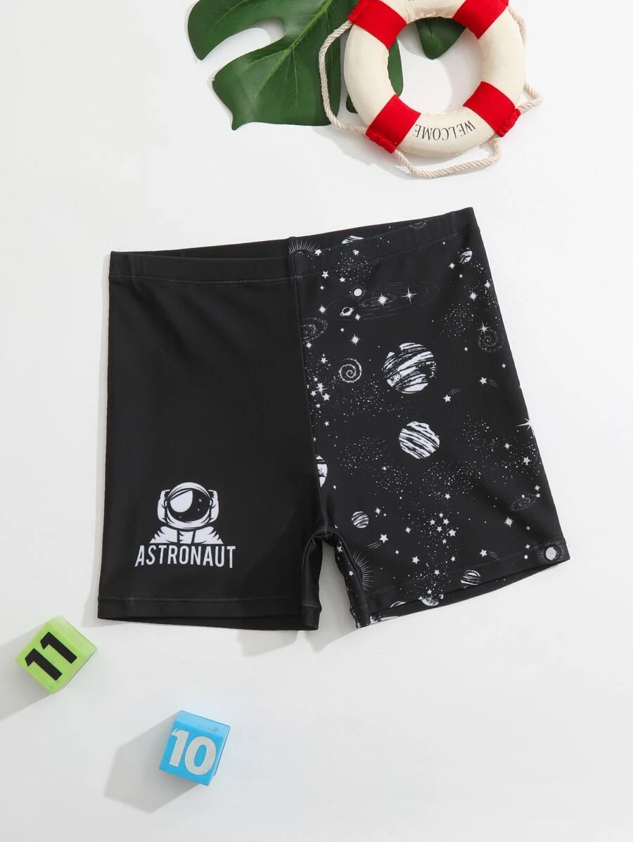 Boys Astronaut & Letter Graphic Swim Shorts - Black - View 1