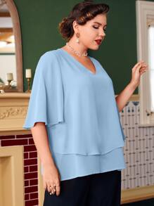 Mulvari Plus Solid V Neck Butterfly Sleeve Blouse - Baby Blue - View 3