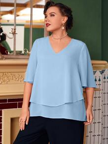 Mulvari Plus Solid V Neck Butterfly Sleeve Blouse - Baby Blue - View 4