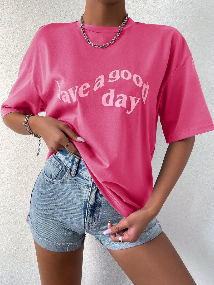 SHEIN MOOSTA Slogan Graphic Drop Shoulder Tee - Hot Pink - View 1
