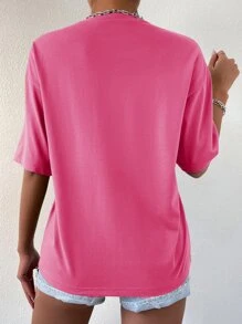 SHEIN MOOSTA Slogan Graphic Drop Shoulder Tee - Hot Pink - View 2
