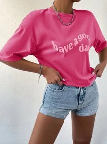 SHEIN MOOSTA Slogan Graphic Drop Shoulder Tee - Hot Pink - View 4