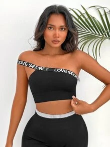 Letter Tape Panel One Shoulder Crop Sports Bra - Black - View 1