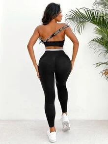 Letter Tape Panel One Shoulder Crop Sports Bra - Black - View 4