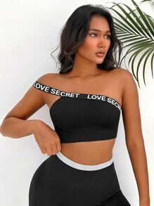 Letter Tape Panel One Shoulder Crop Sports Bra - Black - View 5
