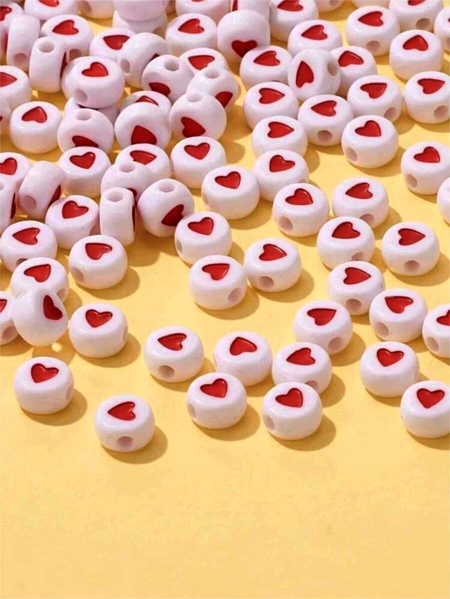 100pcs Acrylic Heart Shaped Beads With White Base For Women's Diy Beaded Bracelet, Necklace, Ring