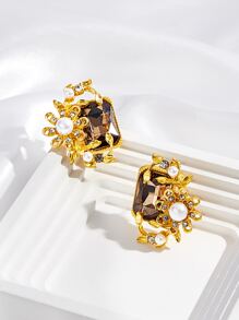 SHEIN Belle 水鑽和人造珍珠裝飾耳釘 - 金黃色 - 查看 1