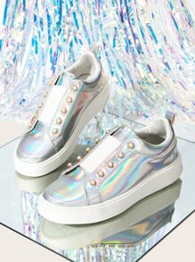 運動板鞋適用於女士鐳射人造珍珠裝飾針腳細節一腳蹬運動鞋 - 銀色 - 查看 3