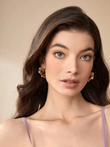 SHEIN Belle 水鑽和人造珍珠裝飾耳釘 - 金黃色 - 查看 5