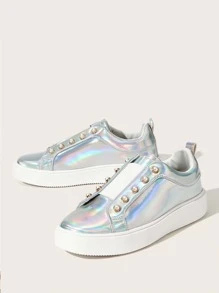 運動板鞋適用於女士鐳射人造珍珠裝飾針腳細節一腳蹬運動鞋 - 銀色 - 查看 6