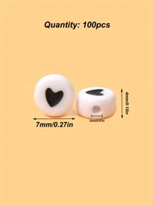 100pcs White Background Acrylic Beads Round Flat Letter Interval Black Heart Beads Jewelry Making DIY Bracelet Necklace Accessories Valentines - Black and White - View 3