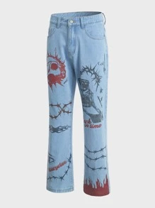 ROMWE MEN Grunge Punk Guys Skull Print Jeans - Light Wash - View 1