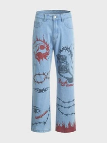 ROMWE MEN Grunge Punk Guys Skull Print Jeans - Light Wash - View 5