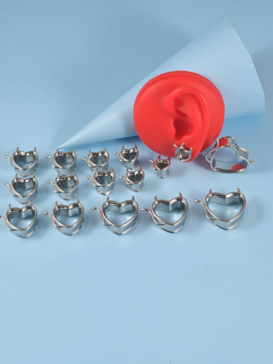2pcs/set Stainless Steel Heart Shaped Ear Gauge For Women & Girls - Silver - View 1