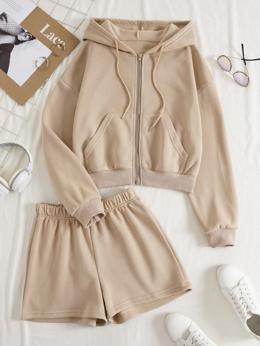 SHEIN EZwear 拉鏈開襟落肩袖抽繩加絨內裏連帽衫和短褲 - 卡其色 - 查看 1