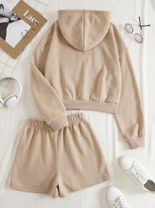 SHEIN EZwear 字母圖案拉鏈開襟落肩袖抽繩加絨內裏連帽衫和短褲 - 卡其色 - 查看 2