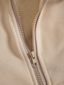 SHEIN EZwear 拉鏈開襟落肩袖抽繩加絨內裏連帽衫和短褲 - 卡其色 - 查看 6