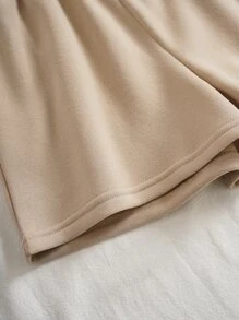 SHEIN EZwear 拉鏈開襟落肩袖抽繩加絨內裏連帽衫和短褲 - 卡其色 - 查看 7