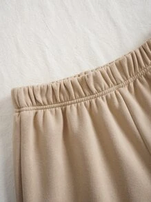 SHEIN EZwear 字母圖案拉鏈開襟落肩袖抽繩加絨內裏連帽衫和短褲 - 卡其色 - 查看 9