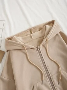SHEIN EZwear 拉鏈開襟落肩袖抽繩加絨內裏連帽衫和短褲 - 卡其色 - 查看 9
