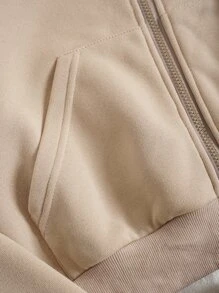 SHEIN EZwear 字母圖案拉鏈開襟落肩袖抽繩加絨內裏連帽衫和短褲 - 卡其色 - 查看 10