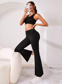 Phone Pocket Flare Leg Sports Trousers - Black - View 5