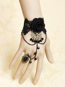 Flower Decor Lace Bracelet - Black - View 1
