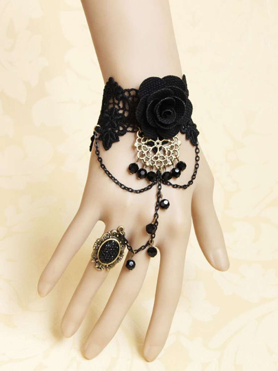 Flower Decor Lace Bracelet - Black - View 1