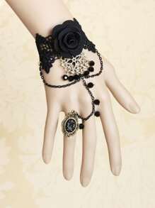Flower Decor Lace Bracelet - Black - View 4