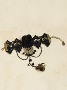 Flower Decor Lace Bracelet - Black - View 5