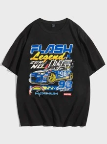 ROMWE MEN Street Life 男士汽車和字母圖案T恤 - 黑色 - 查看 1